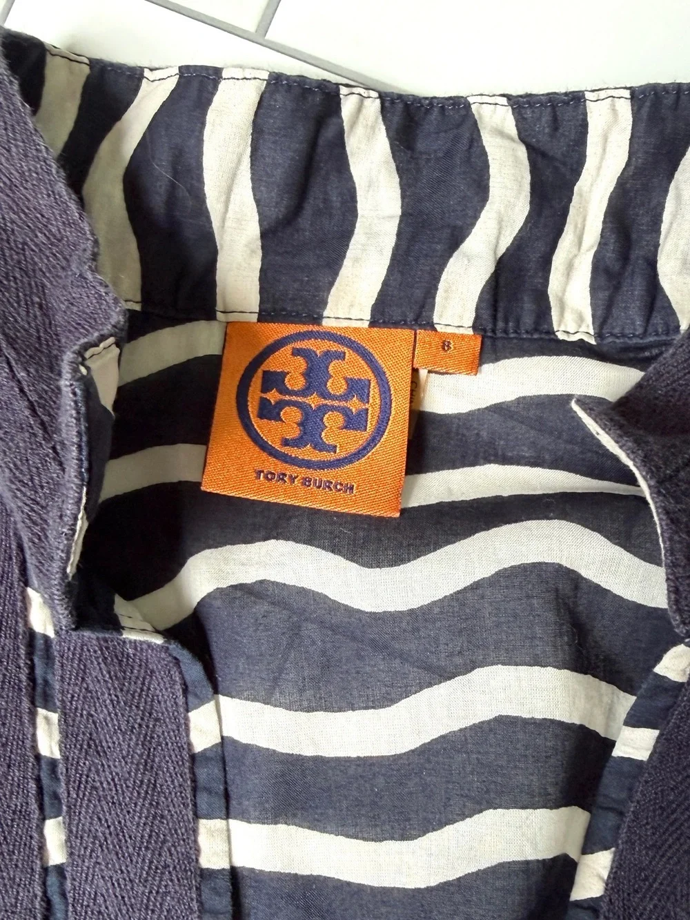 8🌊 Tory Burch Navy and White Wave Stripe Swim Tunic Coverup Dress 3/4 Sleeve